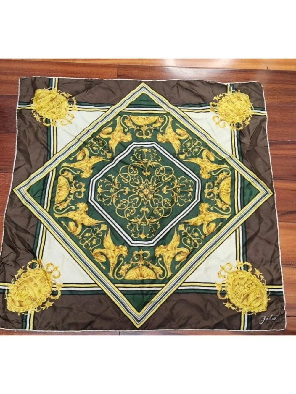 Gita Vintage Silk Scarf Baroque Griffin Medallion Green Gold Brown 30” Square